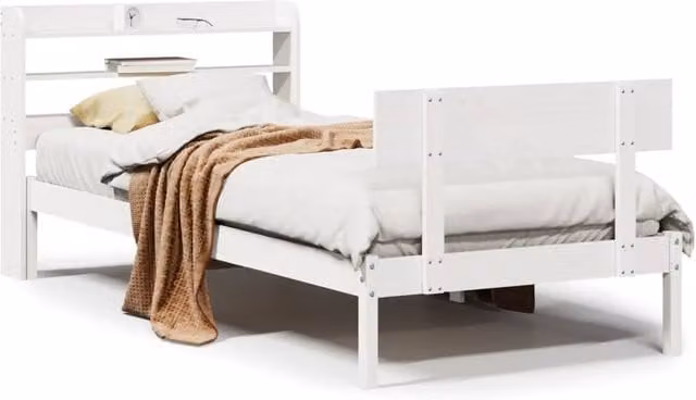 Berkfield Home White Solid Wood Pine Bed Frame with Integrated Reading Light and Side Compartments W/D/H: 90 x 200 cm