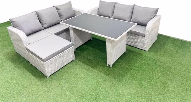 Fimous 7 Seater Rattan Outdoor Dining Table Set in Light Grey with Glass Top and Large Stool
