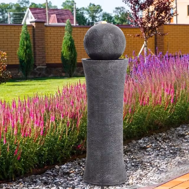 Livingandhome Modern Round Cylindrical Water Polo Outdoor Fountain in Grey Stone Finish