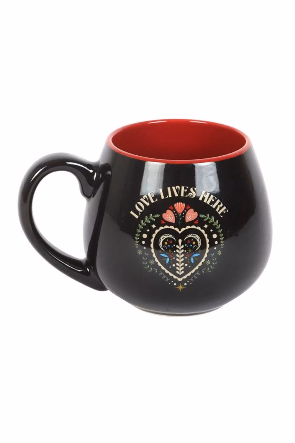 KDMD Love Lives Here Folk Heart Ceramic Mug, Black, 500ml – 2