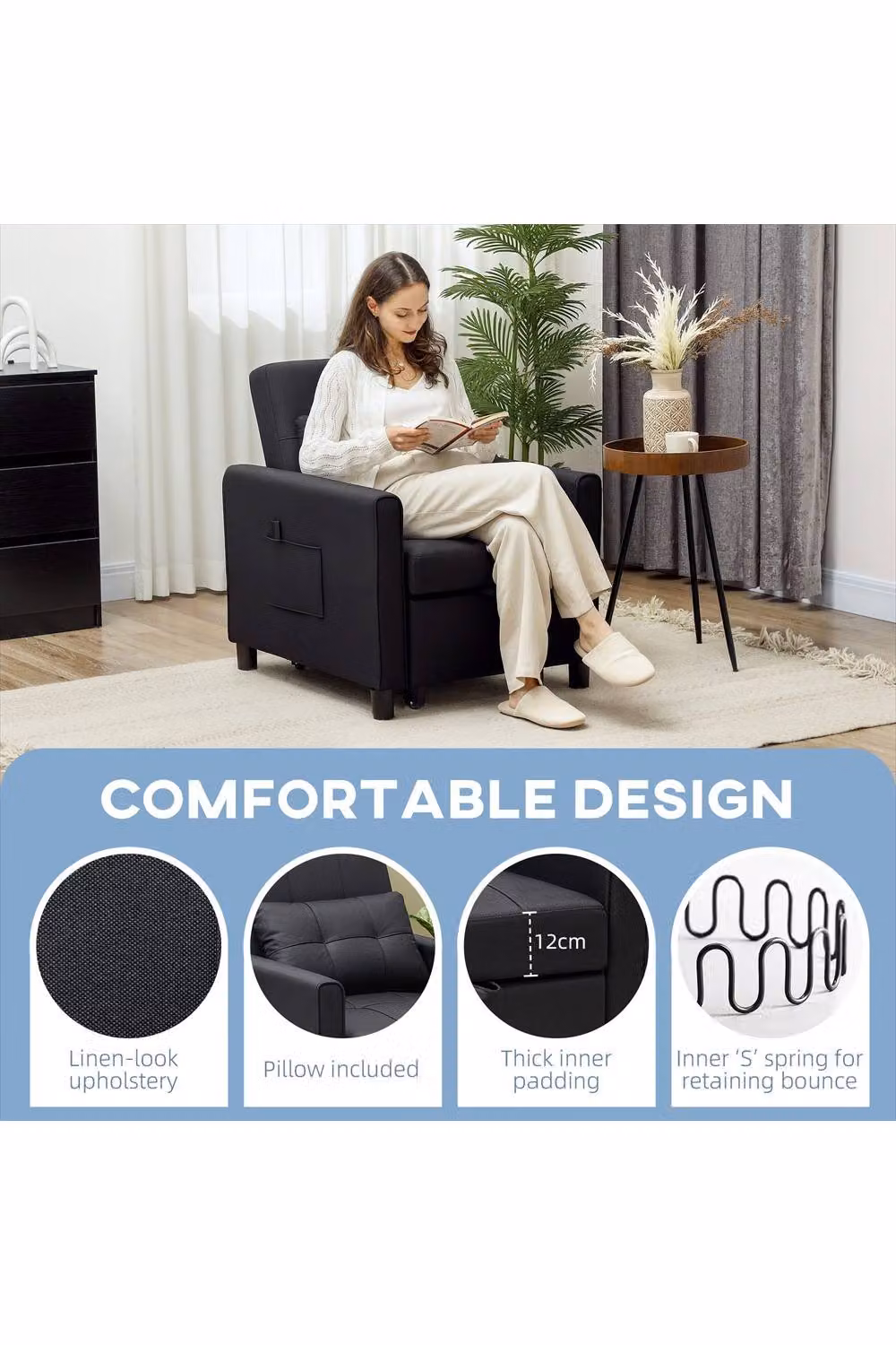 ERGOVEXA Black Linen-Look Single Chair Bed with Armrests and Spring Core – 4