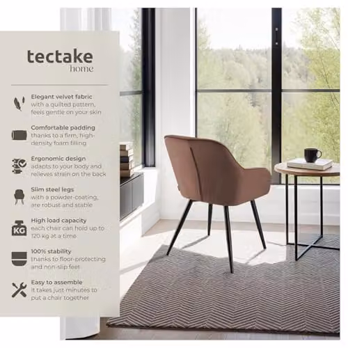tectake Marilyn Set of 2 Dining Chairs with Velvet-Look Fabric and Geometric Pattern in Brown/Black – 4