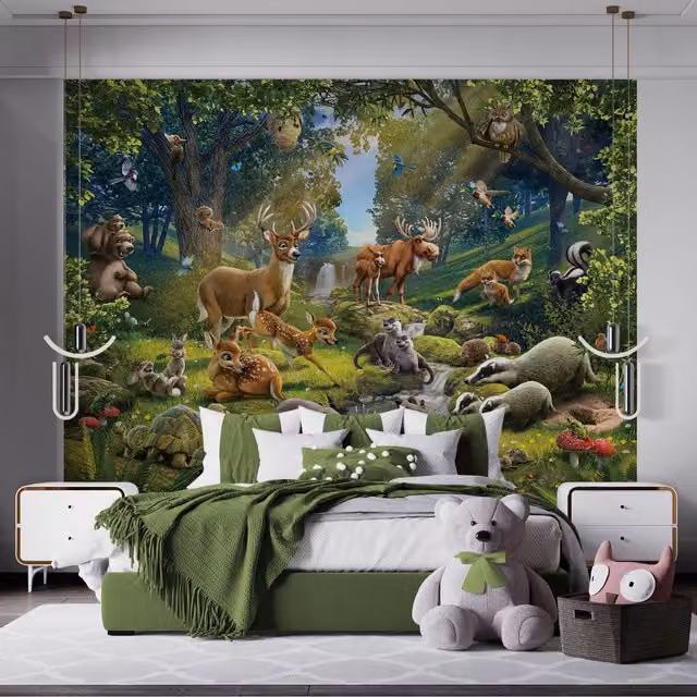 Walltastic Animals of the Forest Wall Mural in Multicolour and Green, W: 304.8 cm, H: 243.84 cm