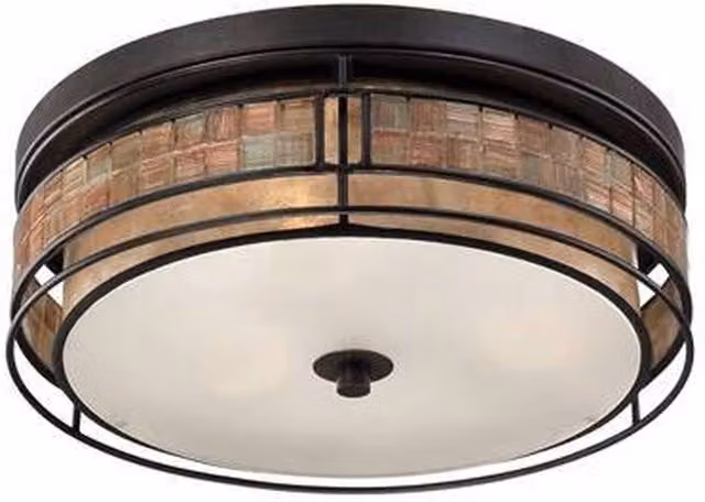 Elstead Laguna 3 Light Large Flush Mount Ceiling Light in Renaissance Copper and Brown with Mica and Glass