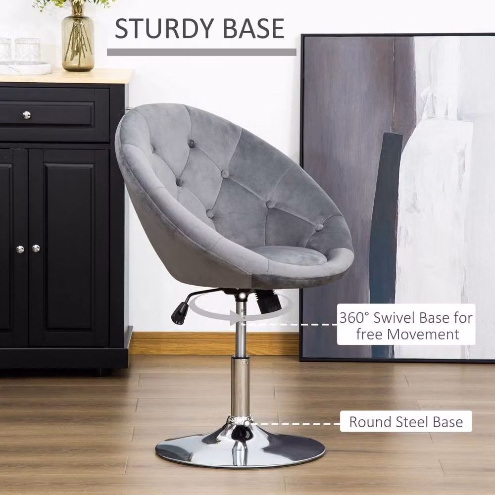Wyld Haus Grey Velvet Feel Adjustable Swivel Vanity Stool with Tufted Seat – 4