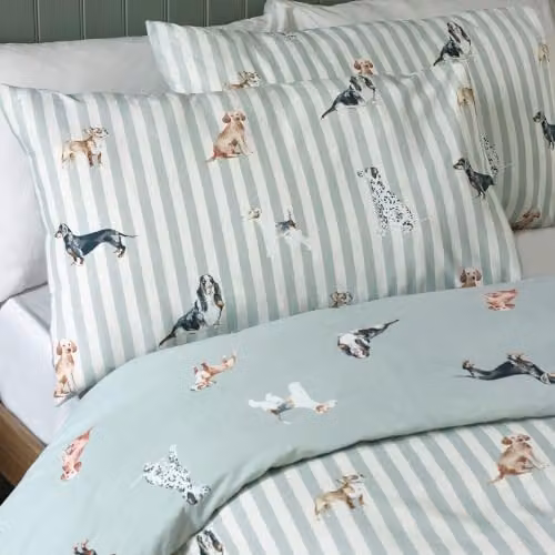 Catherine Lansfield Dog Stripe Reversible Duvet Cover and Pillowcase Set in Green, W/D/H: 180 x 200 cm and 50 x 75 cm – 2