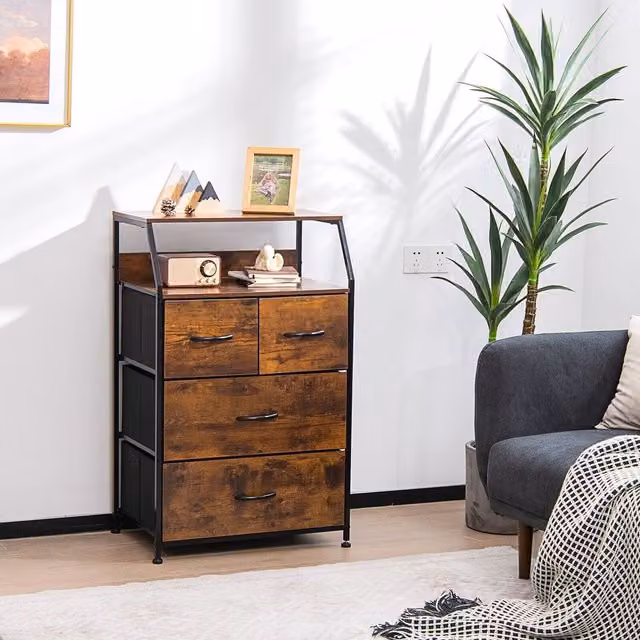 COSTWAY Industrial 4-Drawer Dresser with Shelf in Brown
