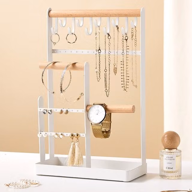 Livingandhome Freestanding White Jewellery Organiser Display Stand with Shelf in Wood and Metal