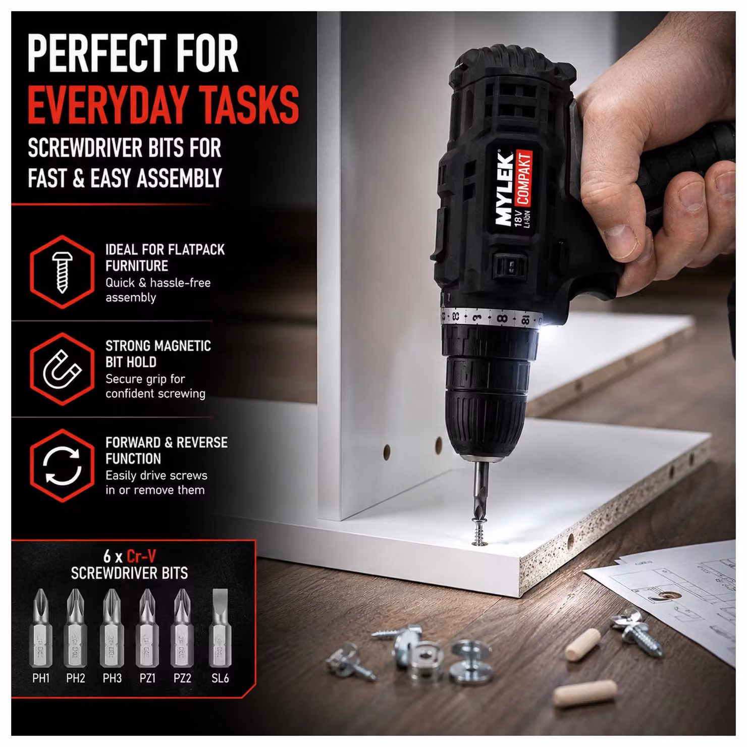 MYLEK 18V Cordless Li-ion Drill with 13 Piece Accessory Set in Black – 5