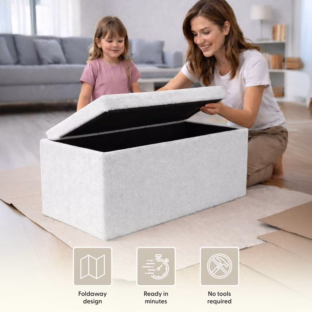 Keplin White Bouclé Folding Storage Ottoman Bench, W/D/H: 76 x 38 x 38 cm – 4