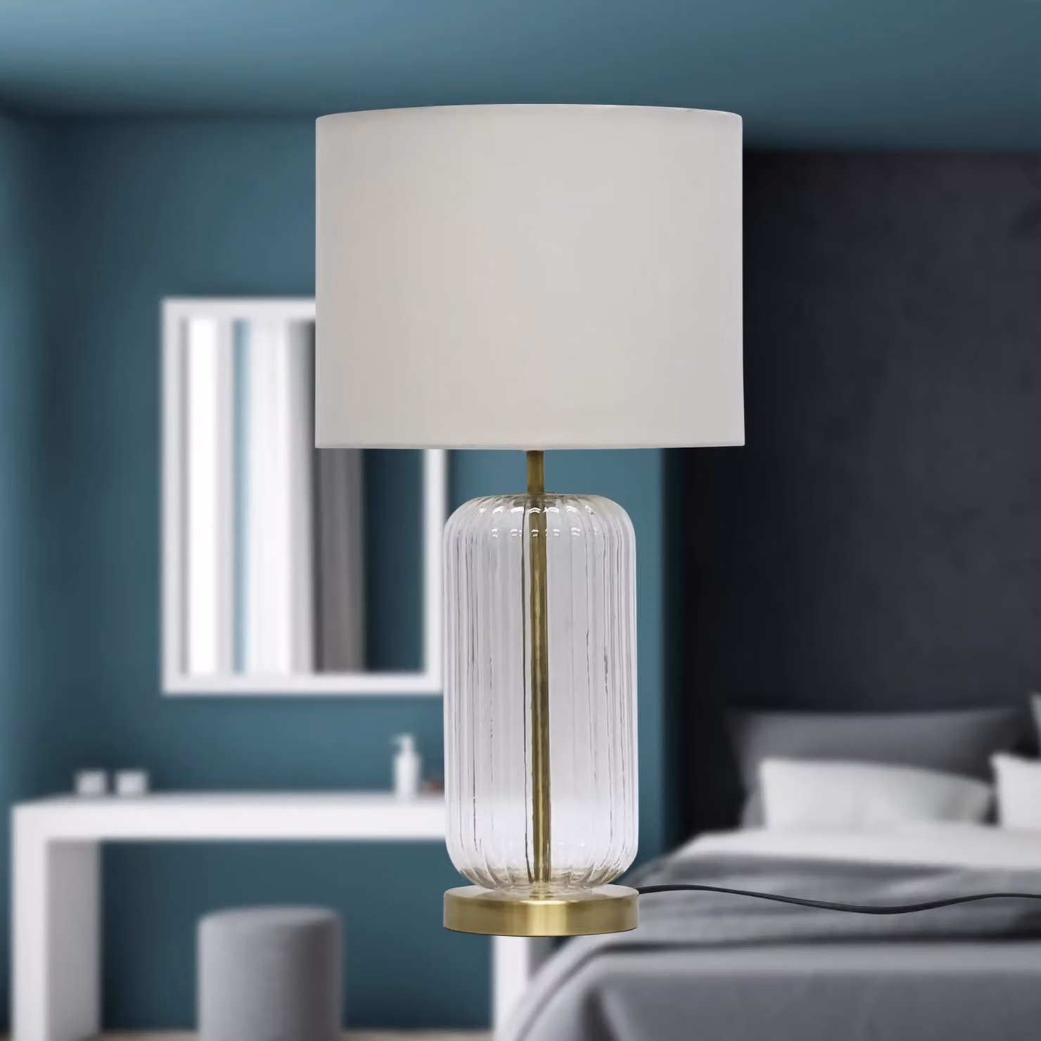 First Choice Lighting Set of 2 Walpole Fluted Glass and Brass Table Lamps with Beige Fabric Shades in Bronze – 2