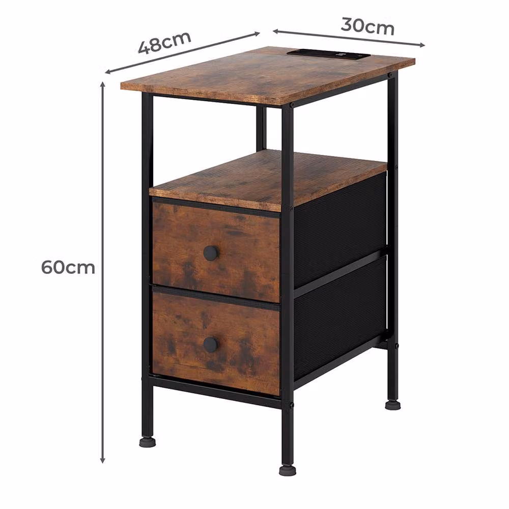 Levede Industrial Slim Bedside Table with Charging Station and 2 Drawers in Brown and Black – 3