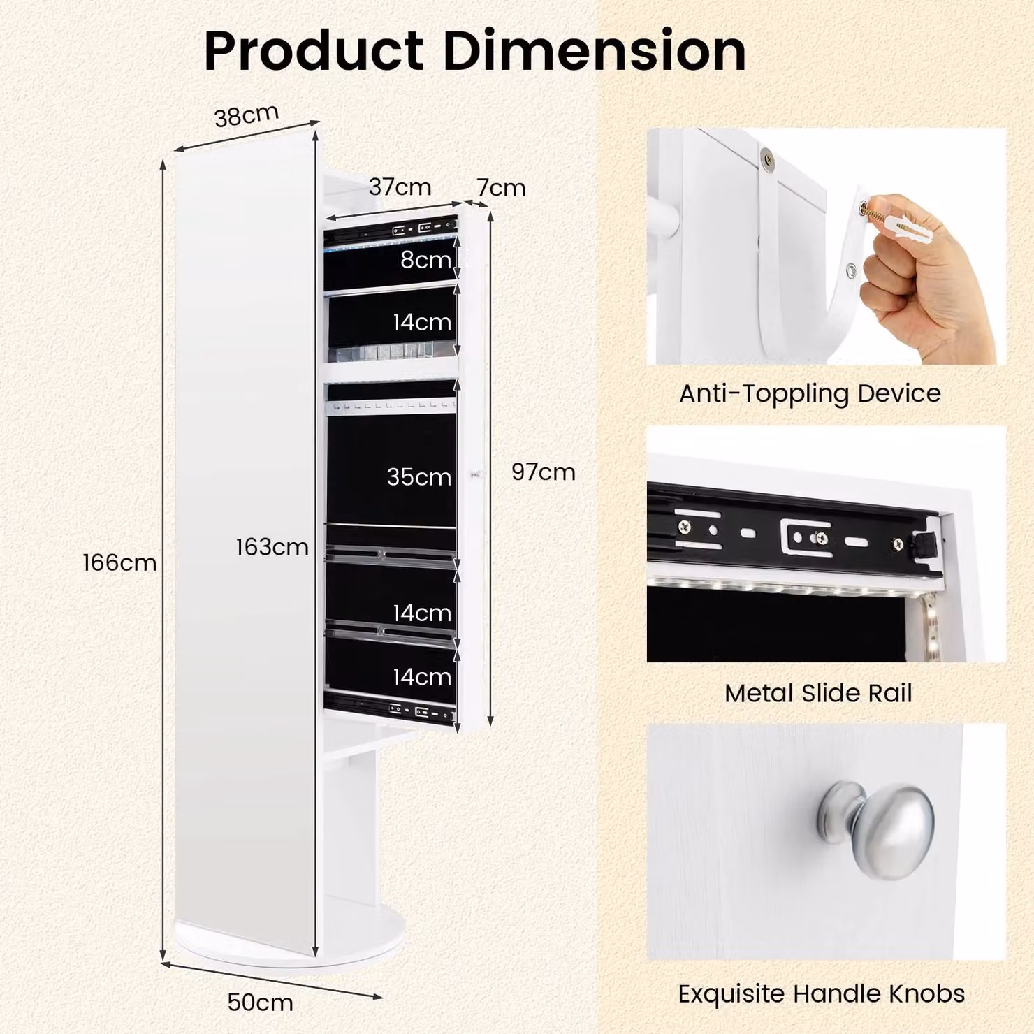 Gymax White Swivel Jewelry Armoire and Cosmetics Cabinet with LED Mirror and Integrated Lighting – 5