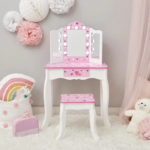 Teamson Kids Gisele Sweethearts Kids Vanity Table and Stool Set with Tri-Fold LED Acrylic Mirror and Drawer Storage, White and Pink – 2