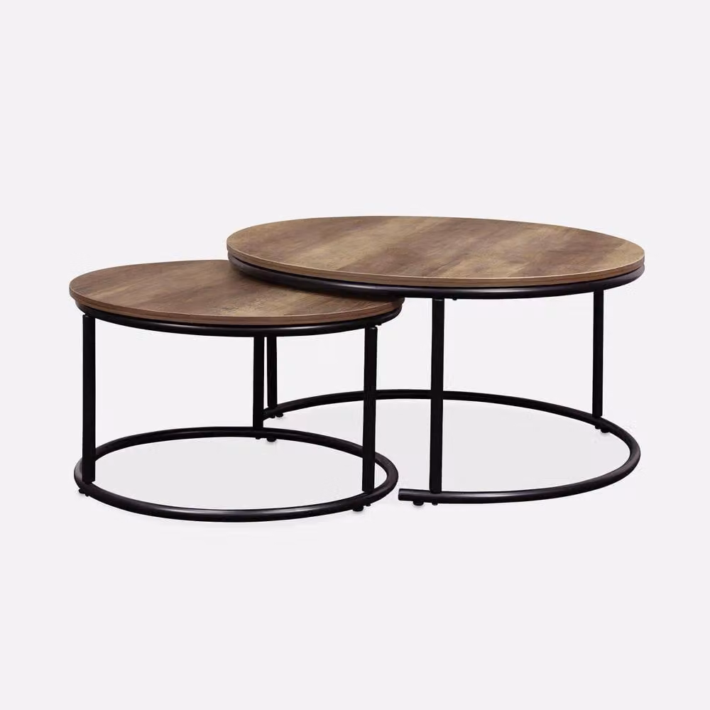 Sweek Pair of Round Nesting Coffee Tables in Light Brown Wood Effect with Black Metal Sled Base – 2