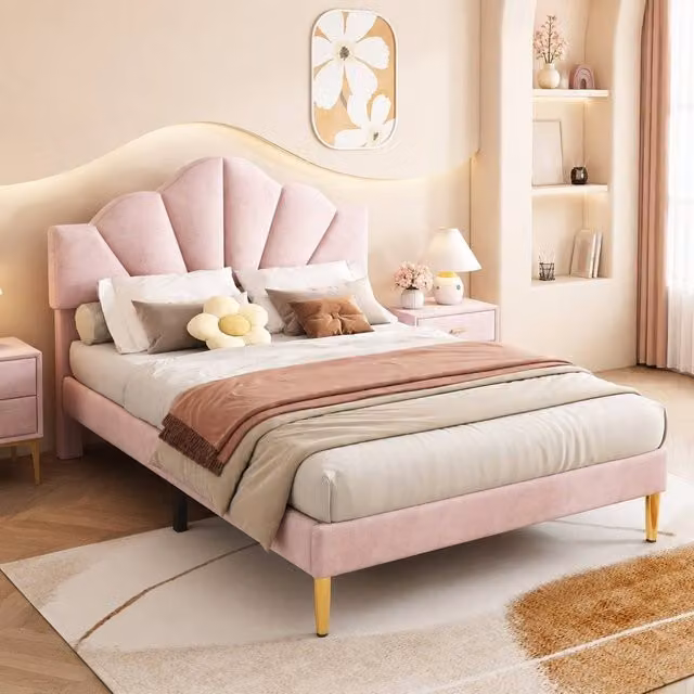 STILVORA Pink Velvet Double Bed with Adjustable Headboard and Gold Details, W/D/H: 140 x 200 cm – 1
