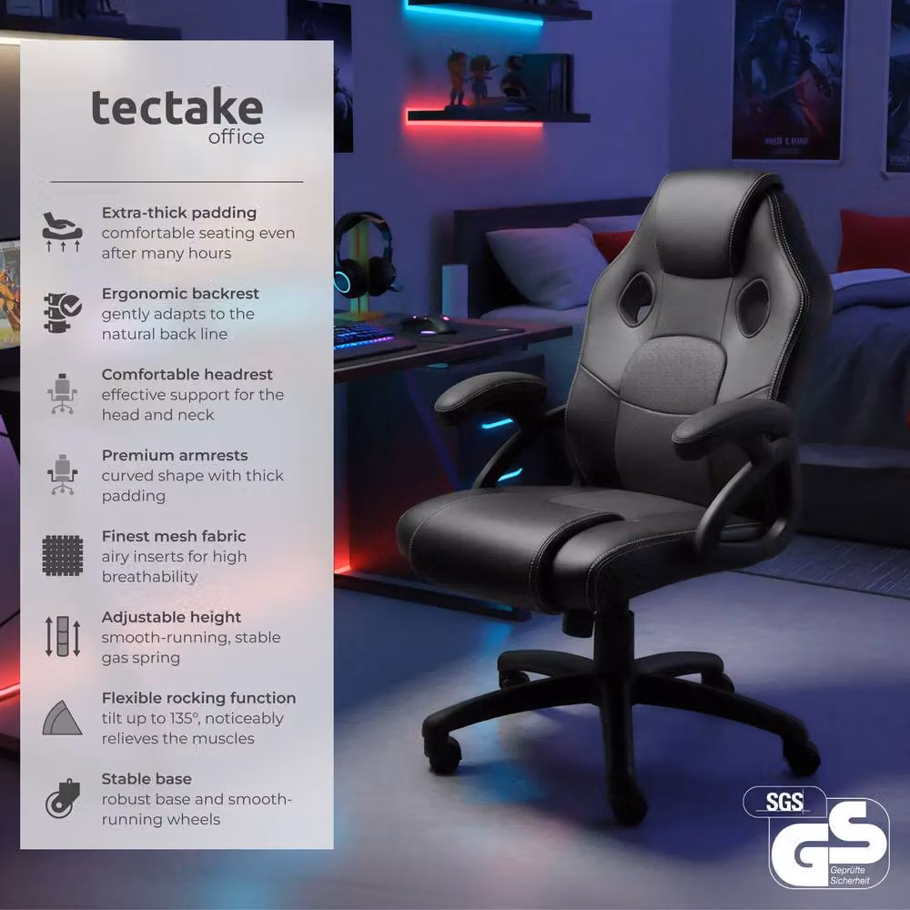 tectake Mike Gaming Chair in Black with Synthetic Leather and Fabric Finish – 2