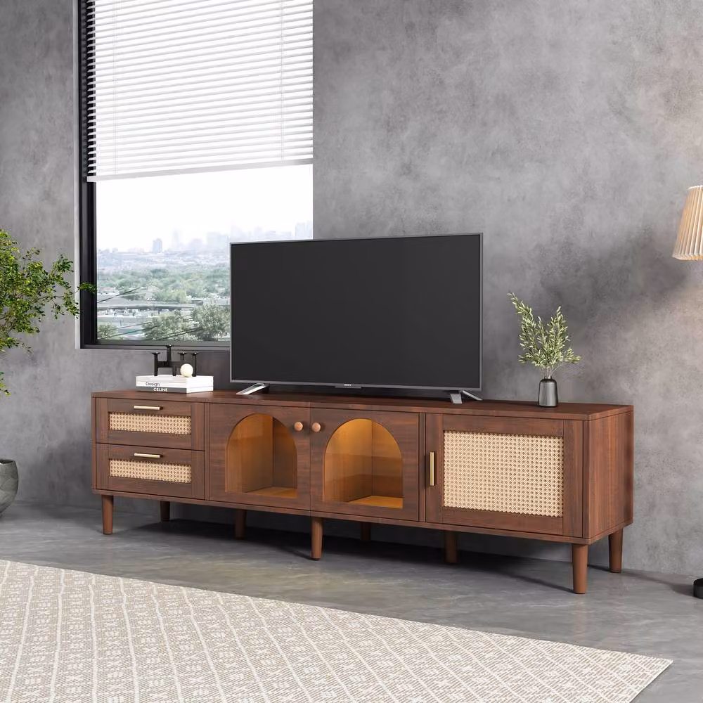 BTM Brown Rustic TV Cabinet with Rattan and LED Lights, W: 180 cm, D: 40 cm, H: 50 cm – 3