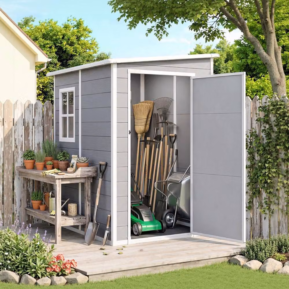 Rolipo Grey Aluminium Lean-To Pent Garden Shed with Window and Lockable Single Door, W: 121.92 cm, D: 152.4 cm, H: 139.0 cm – 3