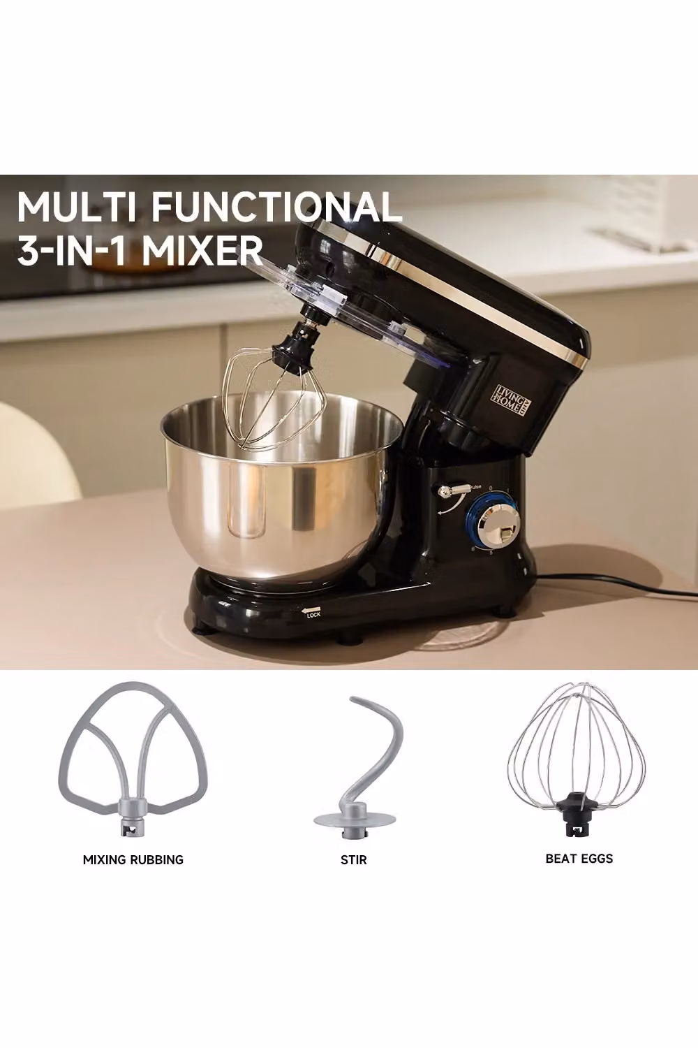 Living and Home 3-in-1 Multi-Function Household Stand Mixer with 5.5-Quart Mixing Bowl and 6 Speeds, Black – 5