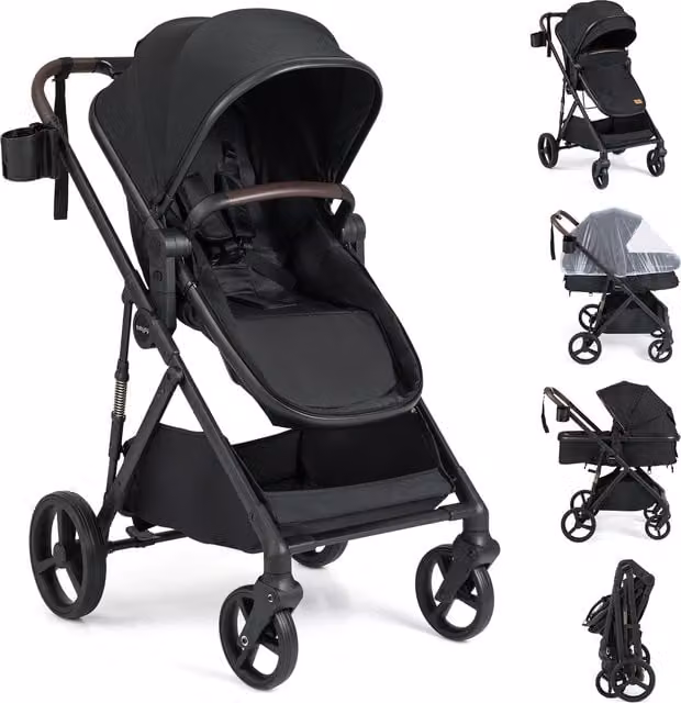Costway Foldable Convertible Baby Stroller with Bassinet, Black