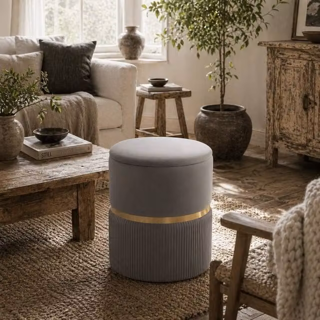 Wyld Haus Rivera Ribbed Velvet Storage Ottoman in Light Grey with Gold Accents