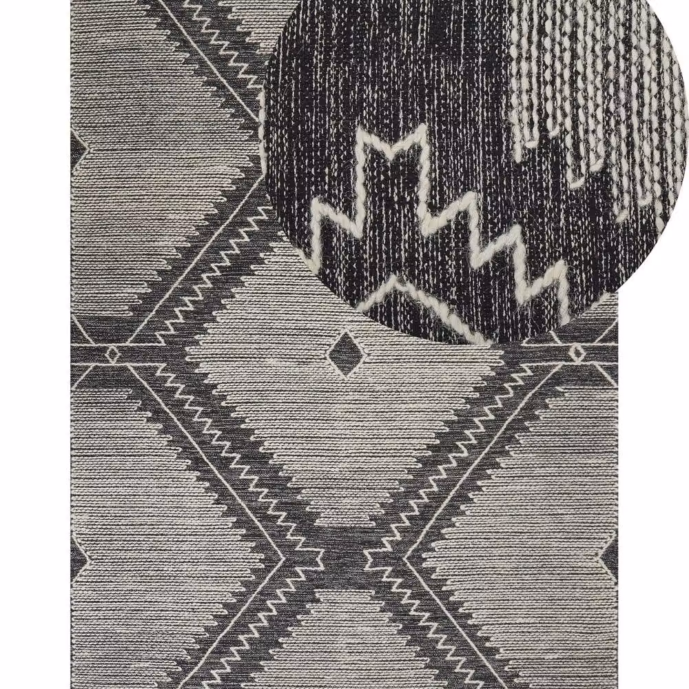 Wyld and Coco Geometric Cotton and Wool Woven Rug in White and Black with Fringes, W: 160 cm, L: 230 cm – 2