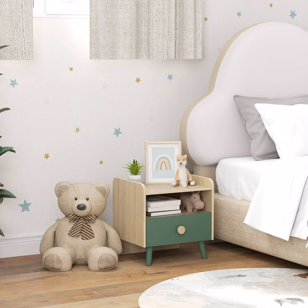 AIYAPLAY Kids Bedside Table with Drawer and Open Storage Shelf, Green, W/D/H: 40.0 x 40.0 x 32.5 cm – 2