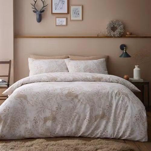 Portfolio Home Winter Stags King Size Duvet Cover and Pillowcase Set in Natural Beige – 1