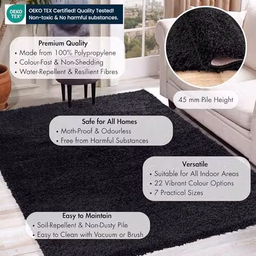 Serdim Rugs Black Plain Modern Rectangular Living Room Area Rug, W: 60 cm, L: 110 cm – 2