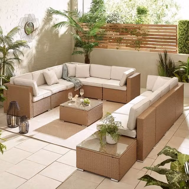 FurnitureboxUK Orlando 10 Seat Modular Outdoor Garden Rattan Sofa in Light Beige