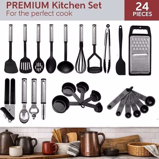 ATEK Black Stainless Steel and Silicone Nonstick Heat Resistant Kitchen Utensils Set – 1