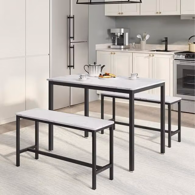 VASAGLE Modern Rectangular Dining Table and 2 Benches Set in Marble White and Ink Black, W/D/H: 110 x 70 x 75 cm