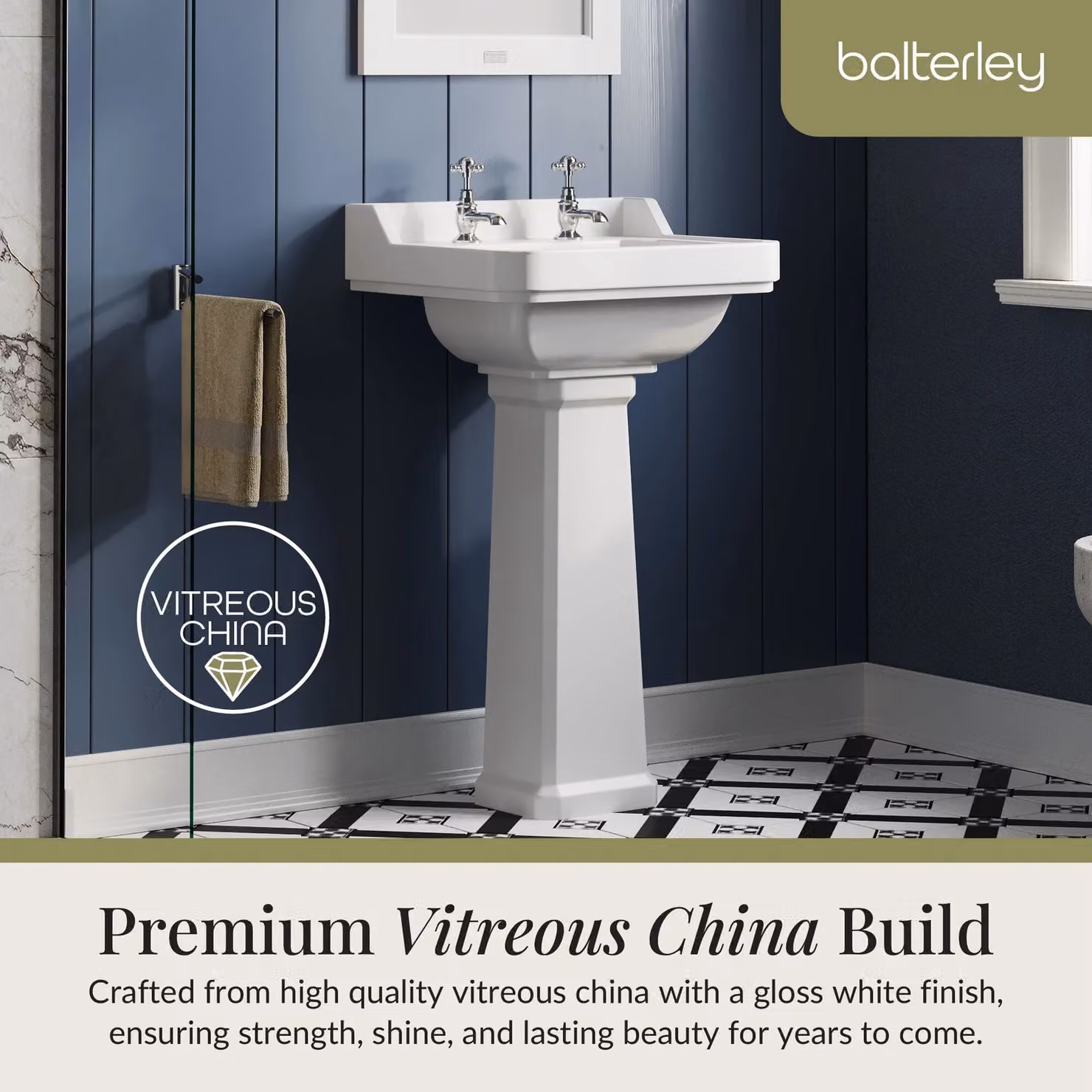 Balterley Traditional Rectangular Ceramic 2 Tap Hole Basin with Full Pedestal, White, W: 56 cm, D: 48 cm, H: 91.5 cm – 4