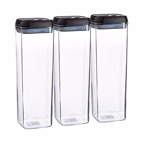 Argon Tableware Airtight Food Storage Containers with Flip Lock Lids, 1.9 l, Set of 3, Black and Transparent Plastic