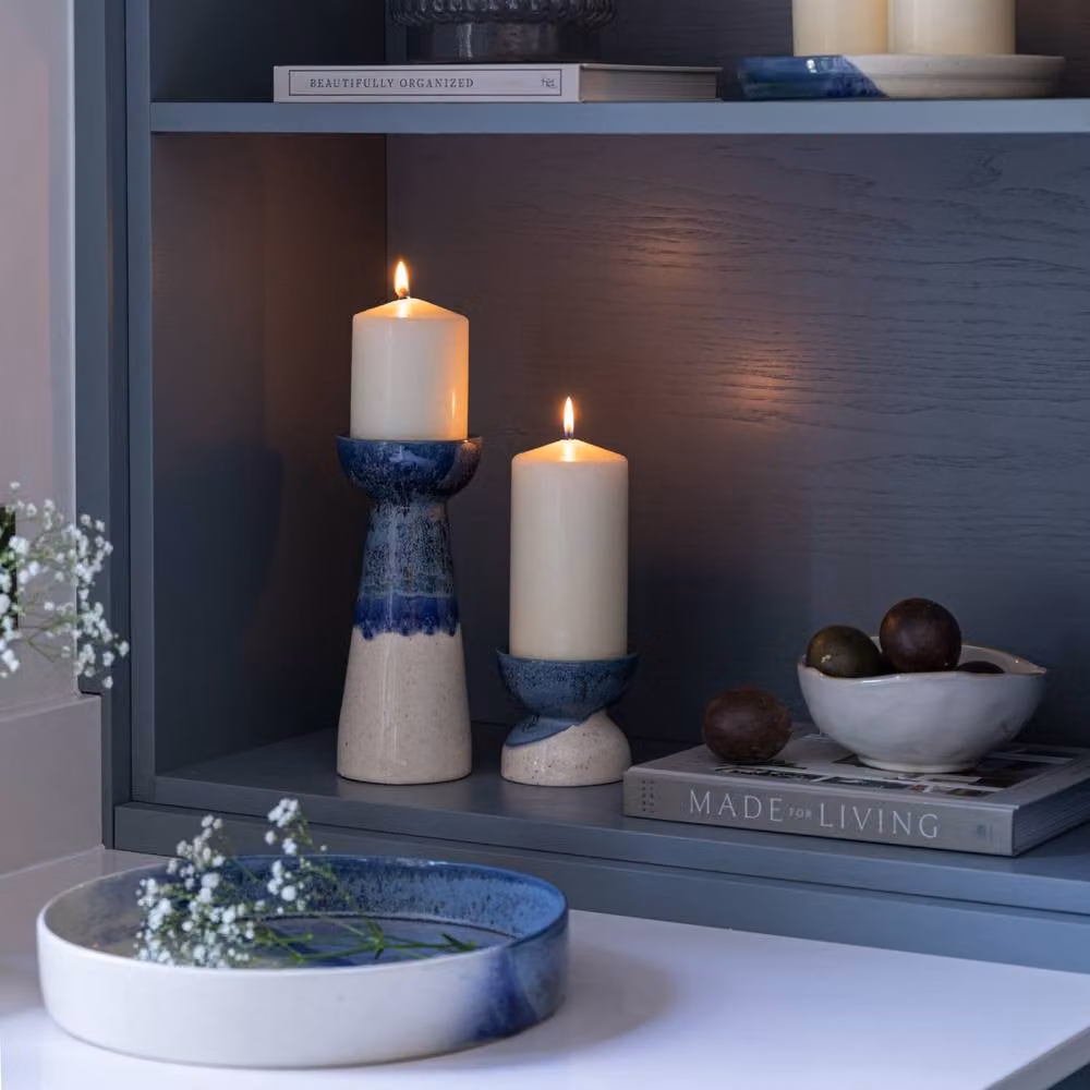 Ivyline Bowen Ceramic Dipped Candle Plate, White and Blue, D29cm, H5cm – 2