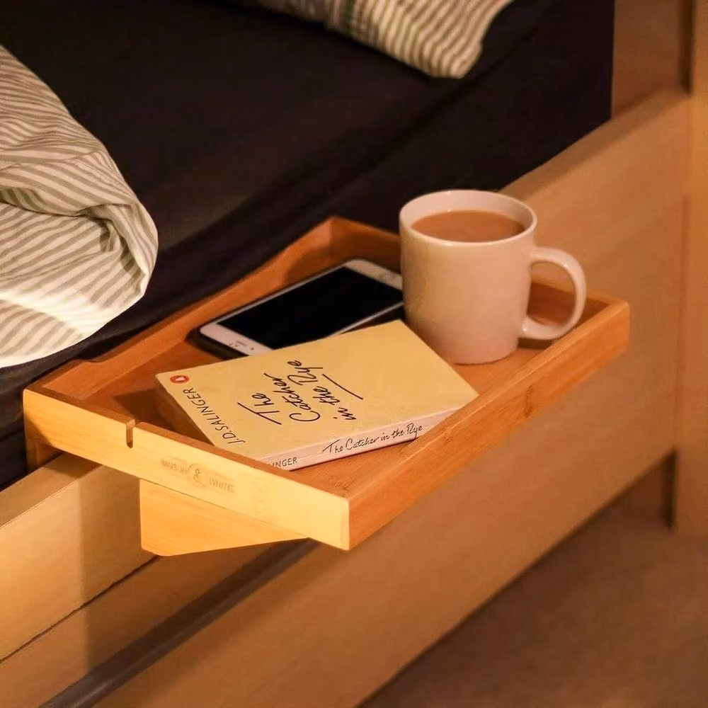 FLAVORA Bamboo Clip On Bedside Shelf Space Saving Tray Table in Natural Brown, W: 100 cm, D: 15 cm – 3