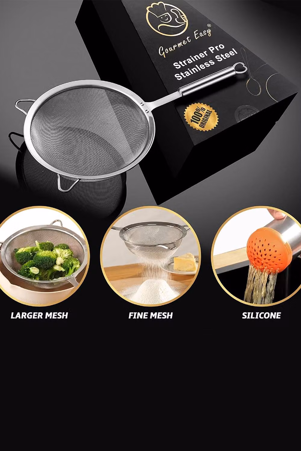 Gourmet Easy Set of 2 Silver Stainless Steel Fine Mesh Sieves with Handles – 2
