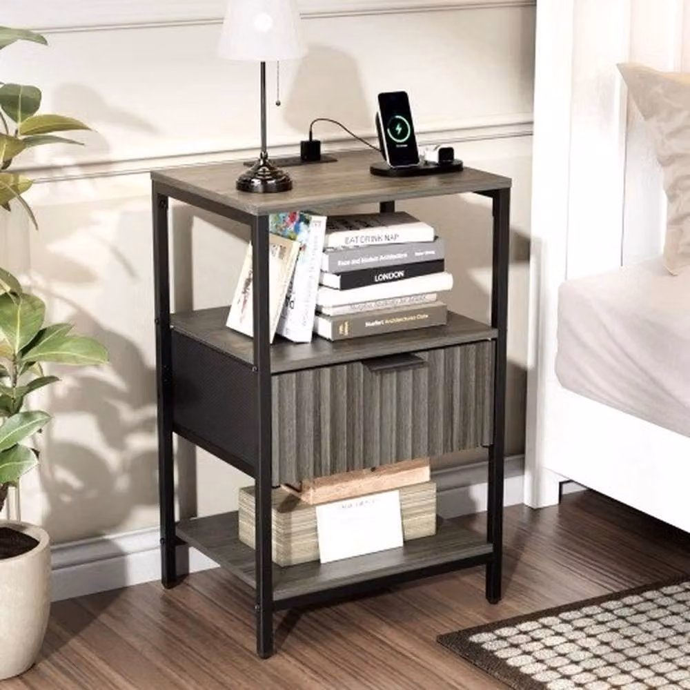 FORGEVIO Wood Bedside Table with Charging Station and Drawer in Grey – 4