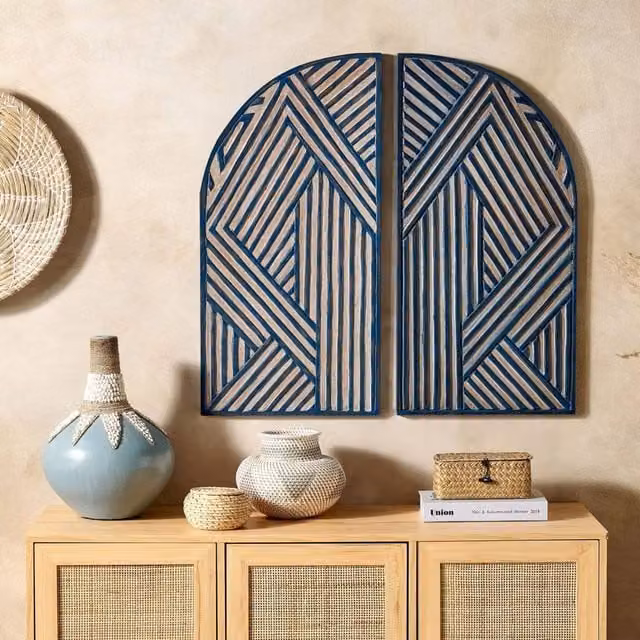 Wyld and Coco Geometric Window Shaped Wood Wall Decor in Dark Blue