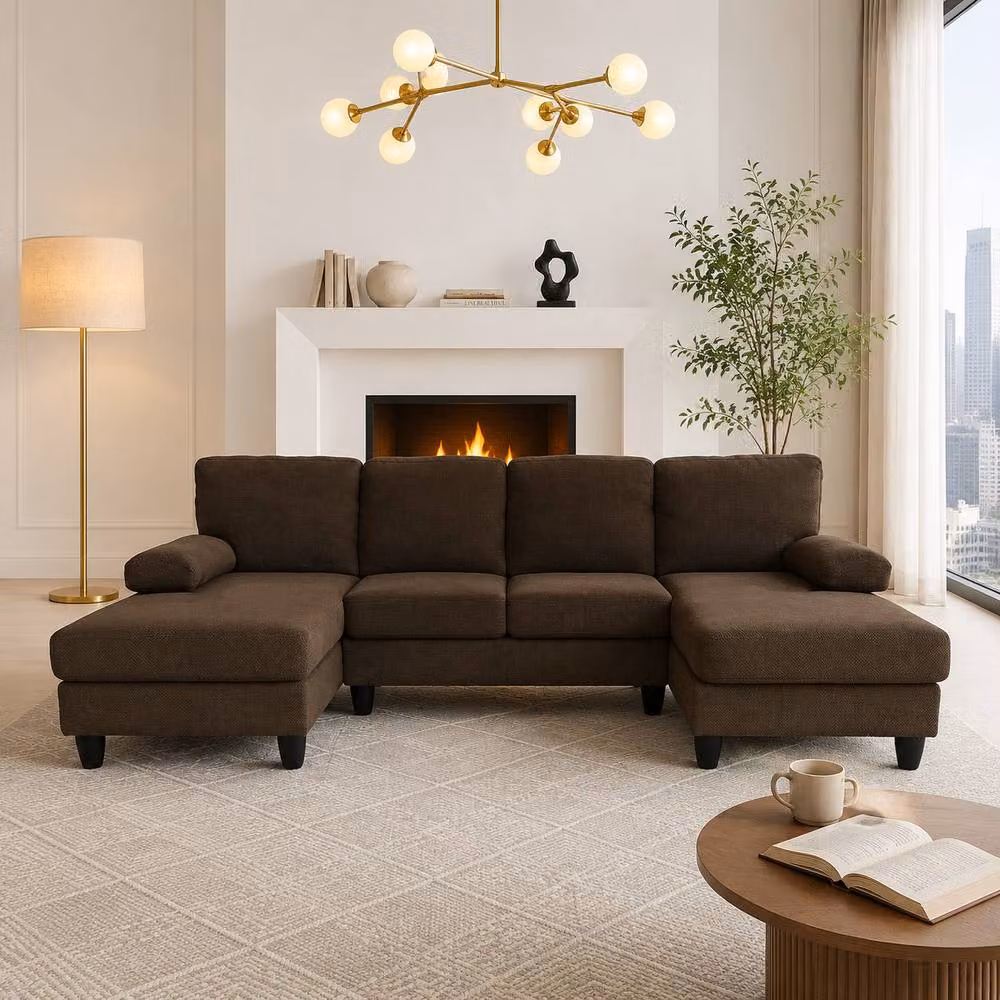 Merax U Shaped Sofa with Double Chaise and Upholstered Armrests in Brown, W/D/H: 264 x 137 x 83 cm – 2