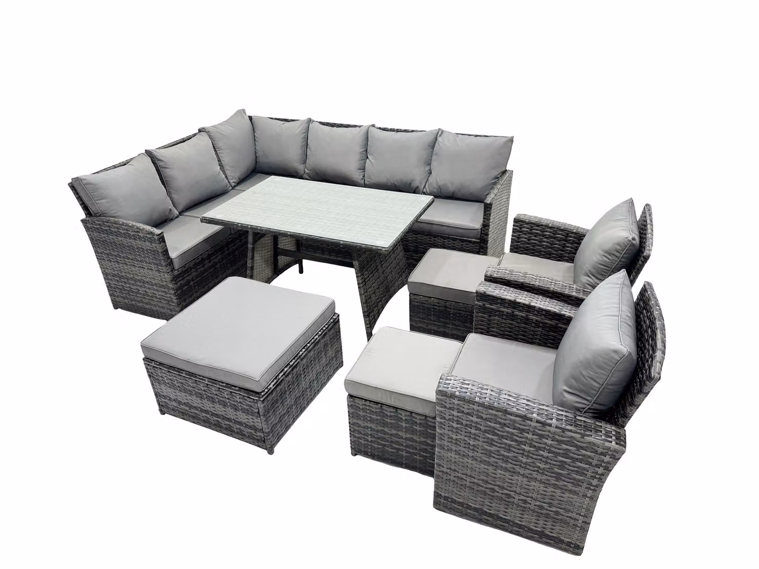 Fimous 11 Seat Patio Oblong Dining Table Corner Sofa Set with 3 Stools and 2 Chairs in Dark Grey – 2