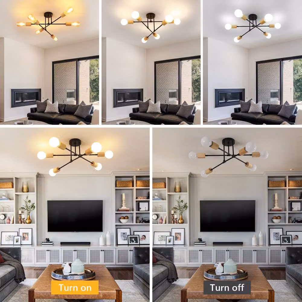 Pheashine Modern 6-Light Sputnik Ceiling Light in Black Metal and Natural Wood with E27 Sockets – 4