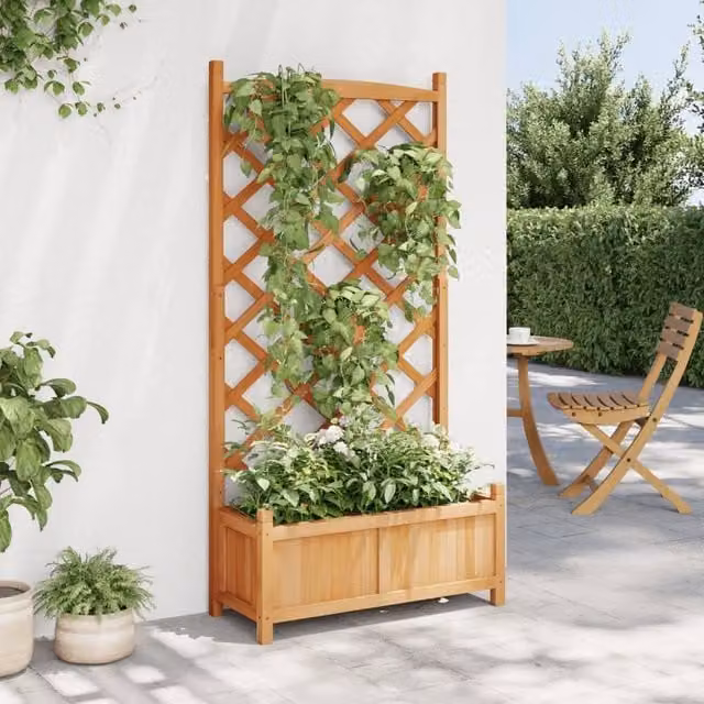 Berkfield Home Brown Solid Wood Fir Planter with Trellis and Tub, W: 150 cm, H: 75 cm, D: 35 cm – 1
