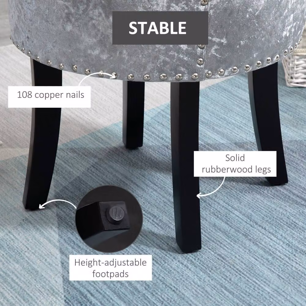 Wyld Haus Grey Velvet Dressing Table Stool with Rubberwood Legs, H 62.0 x W 54.0 x D 54.0 cm – 4
