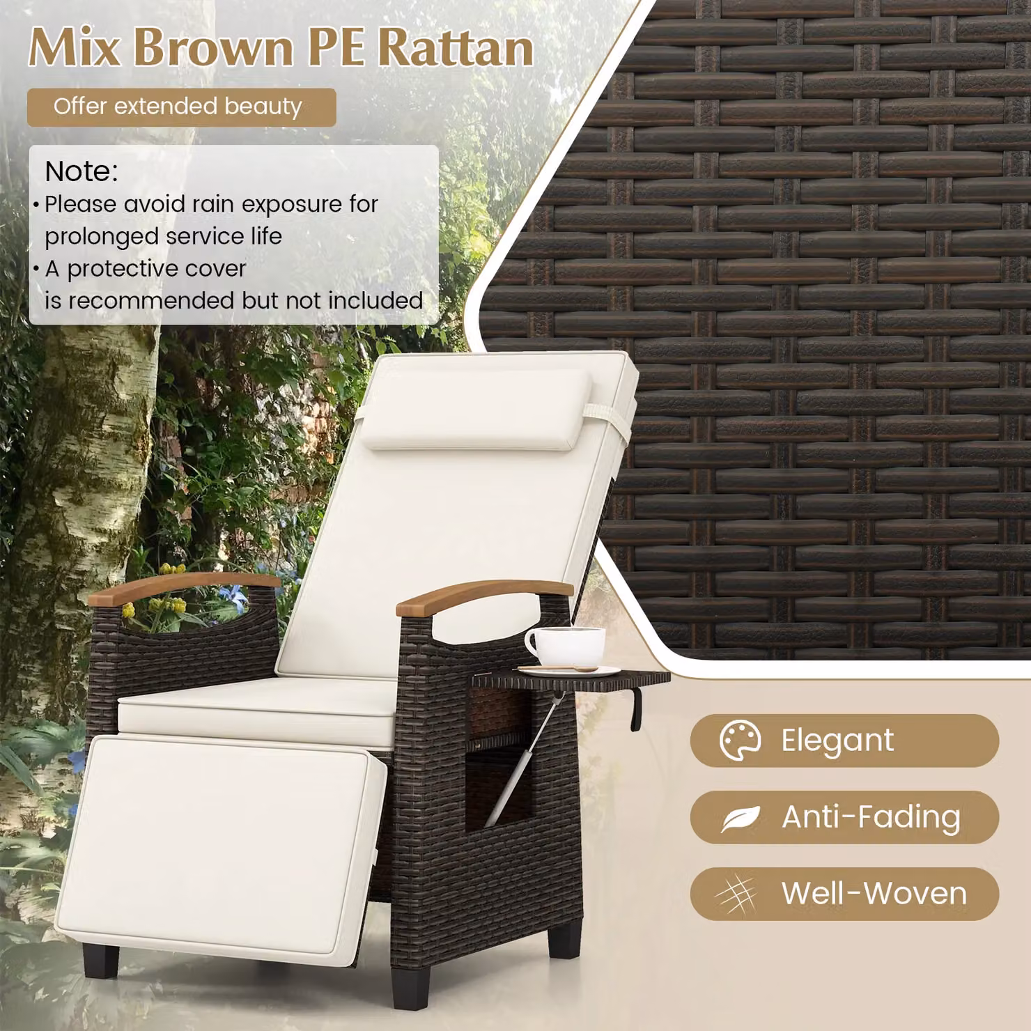 Costway White Rattan Patio Recliner Chair with Adjustable Backrest and Acacia Wood Frame – 4