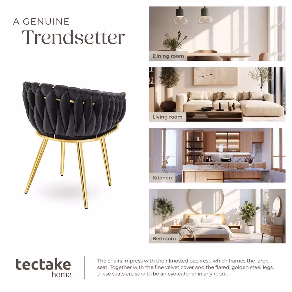 tectake Astano Dining Chair Set of 6, Black Velvet with Metal Frame – 6