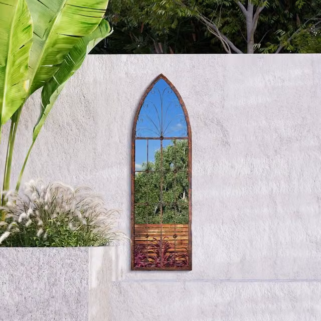 MirrorOutlet Chelsea Metal Arch-Shaped Window Garden Mirror in Bronze, H 120 x W 40 x D 1 cm