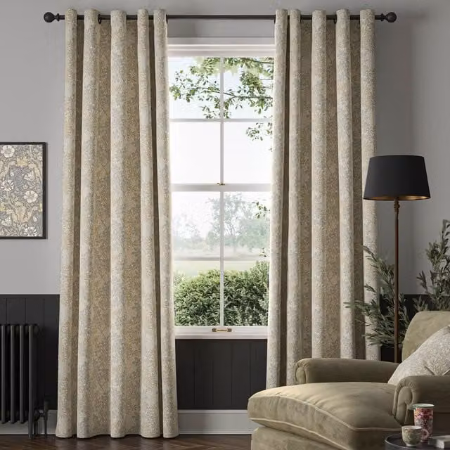 William Morris Foliage Made To Measure Blackout Eyelet Curtains in Beige and Grey Cotton