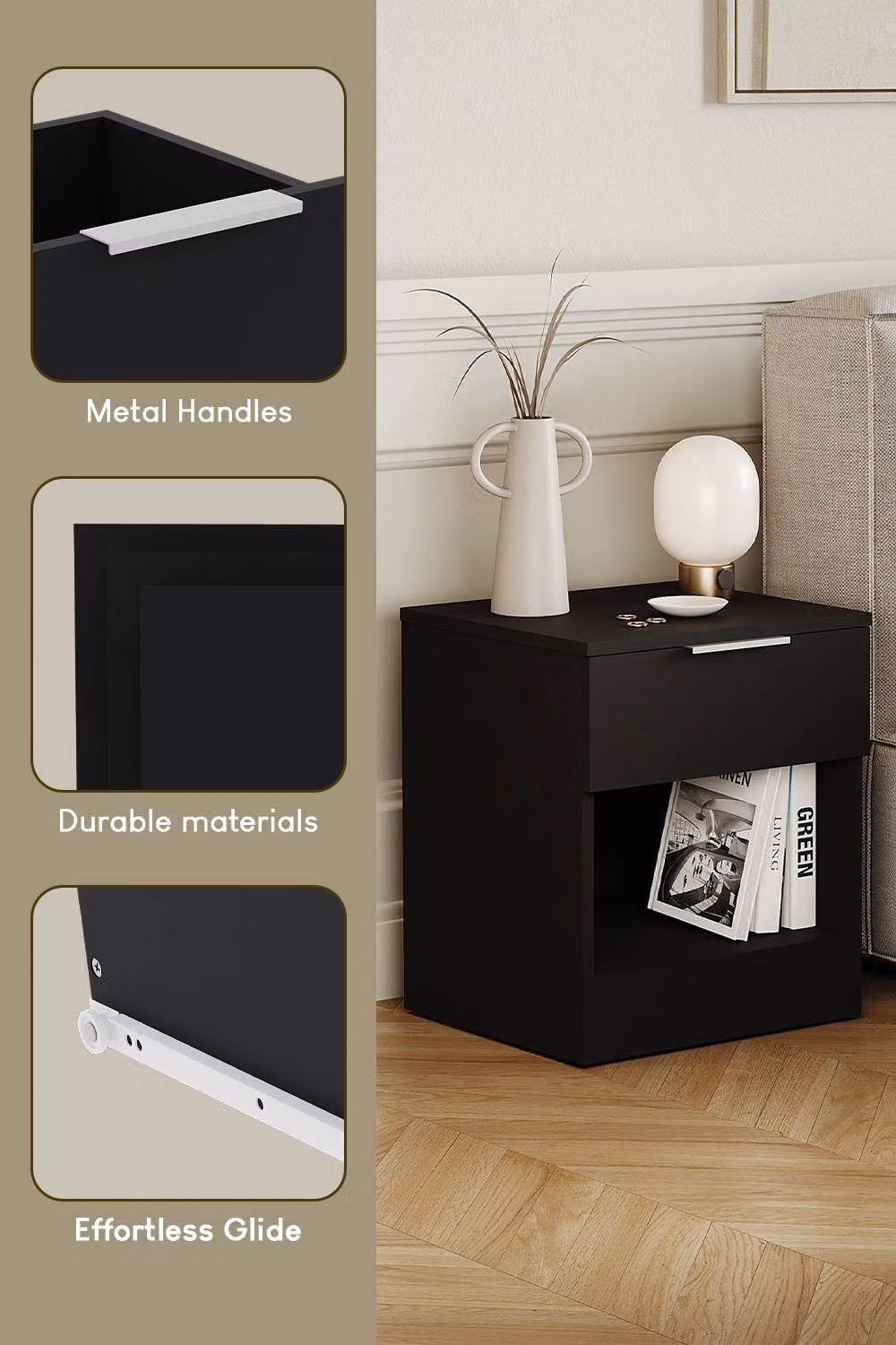 HD Designs Trega 1 Drawer Bedside Table Chest in Black – 2